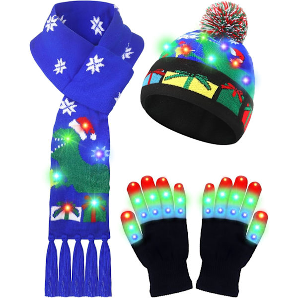 3-pack LED-upplyst julhatt, halsduk och vantar - Julset med stickad mössa för julparty