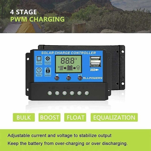 20A solcellelader-kontroller Smart solcellepanel-regulator med USB-port-skjerm 12V/24V,