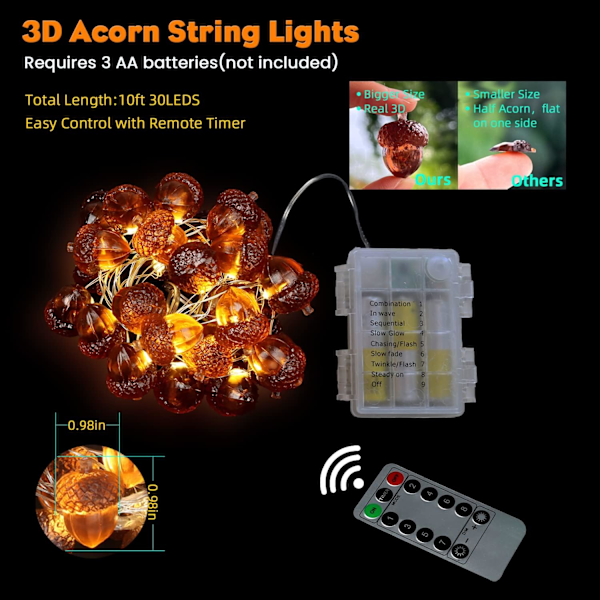 3D Höstdekorationer Skörd Ljuskedja 3 m Koppartråd 30 LED Batteridriven med Timer