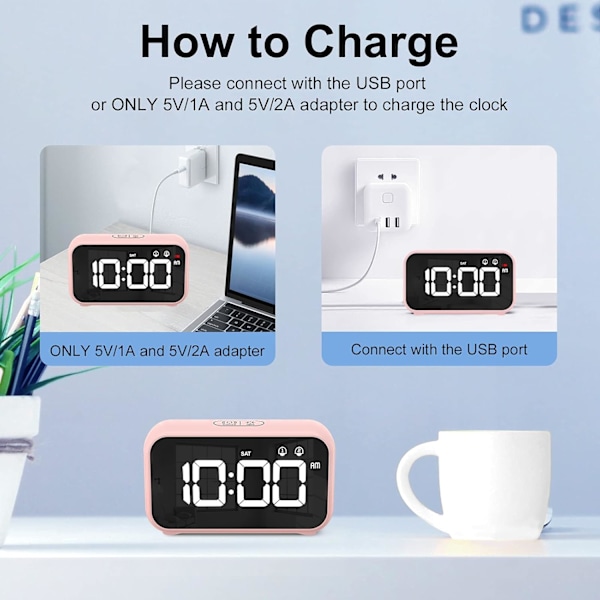 Väckarklocka, digital klocka med tupplurtimer, snooze, USB-driven klocka med dubbla alarm för sovrum, sängbord, kontor (rosa)