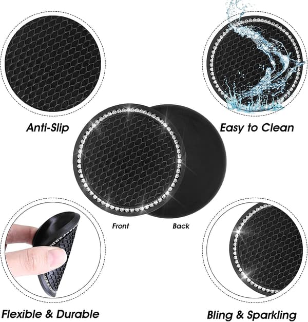 4-delt sort rhinestone anti-skridsilikon bilforing coaster