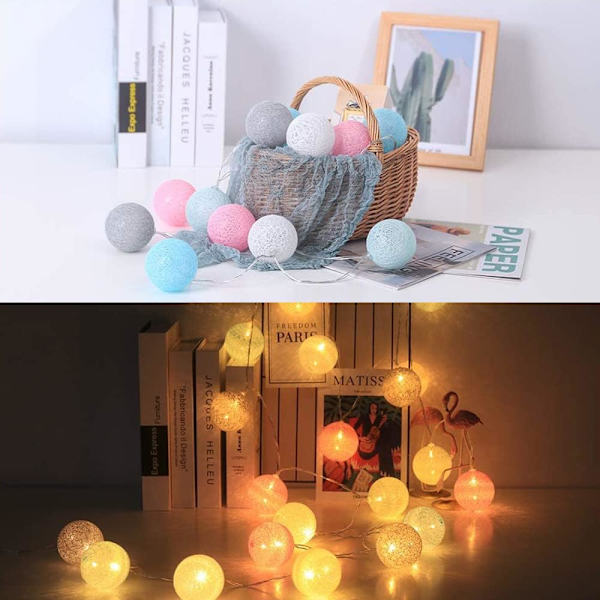 Bomullsbollsträng med lampor, 3M 20LED Batteridriven Fairy Lights, för sovrum