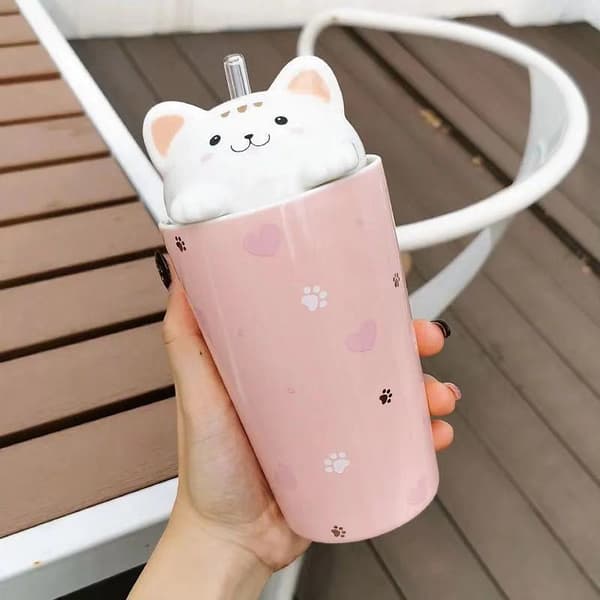 Kattkaffemugg med sugrör Keramisk resekopp med 3D-kattlock