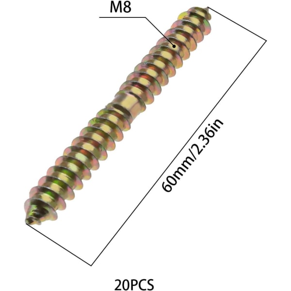 20 stk M8x60mm Selvskjærende Dobbelt-Endede Trådde Treplugger