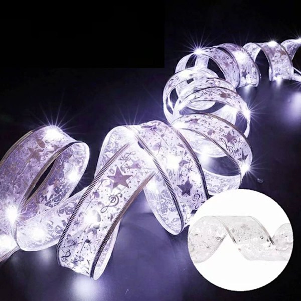 Julklappssnöre med silverband och LED-lampor, 10 meter, 100 lampor, batteridriven koppartråd för julgran