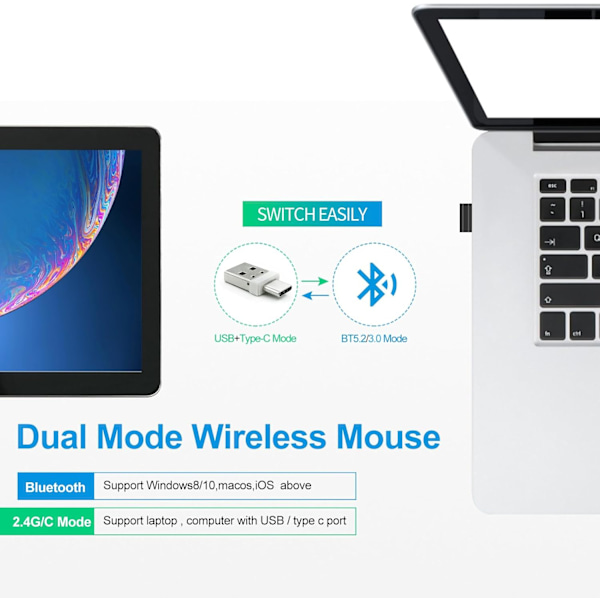 Ladattava Bluetooth-hiiri/Bluetooth 3.0/5.2+USB-2.4G/Type-C, Bluetooth-hiiri MacBook Pro/MacBook Air/Kannettavalle/i