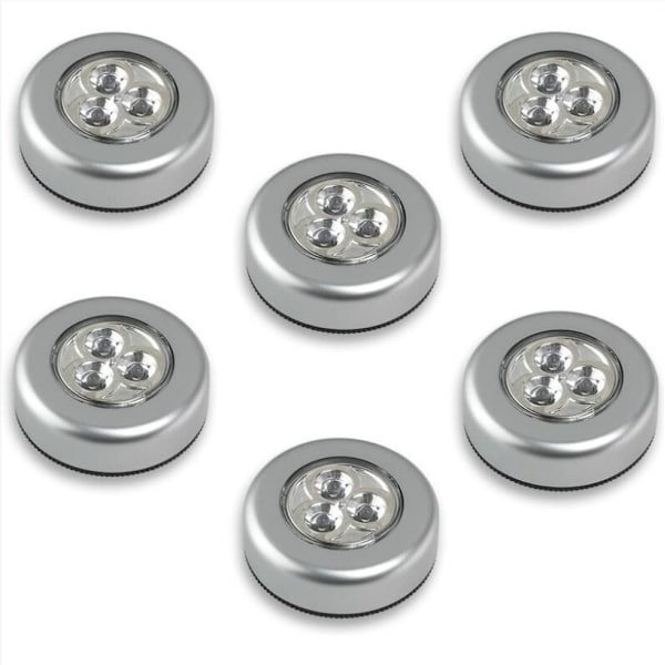 6 LED-lys 68mm, plus batteri - skal trykkes for at tænde -