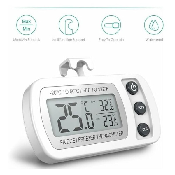 Hvit kjøleskapstermometer LCD-skjerm digital vanntett frysertermometer med magnetisk krok kjøleskapstermometer (-20 50℃)