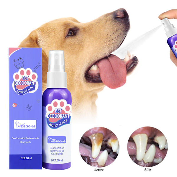1 flaske med 60 ml mundspray til hunde mod dårlig ånde, til oral rengøring, kæledyr