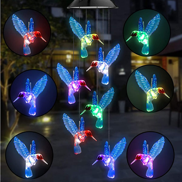 LED-aurinkoenergialla toimiva tuulipeli ulkokäyttöön, kolibri-väriä vaihtavat valot