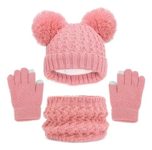 Barnset med halsduk, vantar och mössa, tre delar, 1-6 år, rosa