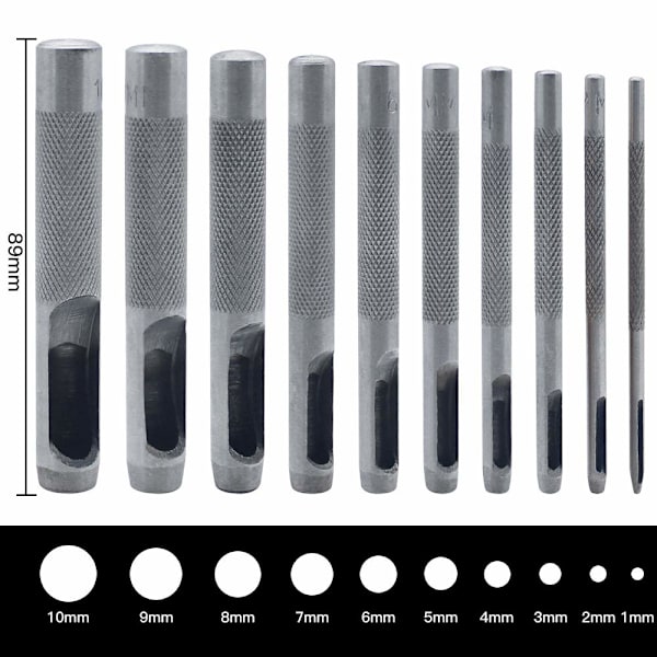 10 stycken runda hålstämplar i stål, 1 mm till 10 mm, för läder