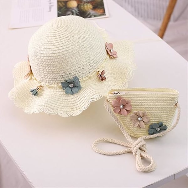 Baby Piger Blomst Bredskygget Hat Sol Strand Stråhatte med Sød Skuldertaske (Beige)