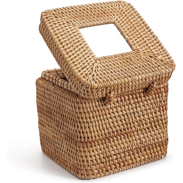 Rattan-neliömäinen Kudoksen Kotelo, 5.7\" x 5.7\" x 5\", Koristeellinen Kudottu Kudoksenpidin Saranoitua Kansi, Luonnollinen