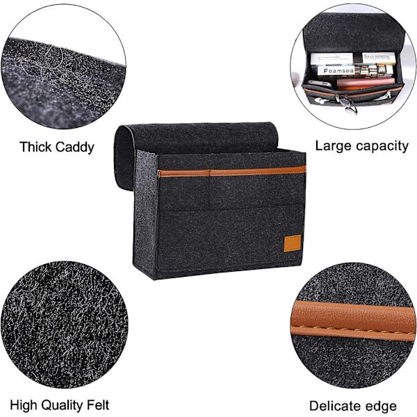 Mørk grå Caddy Organizer, Sengeside Caddy Filt Sengeside Lomme