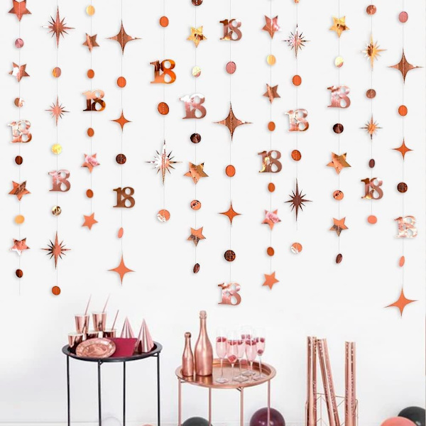 Rose Gold 18-vuotis syntymäpäiväkoristeet Numero 18 Ympyrä Pisteet Kimaltava Tähti Garland Streamer Metalli Riippuva Bunti