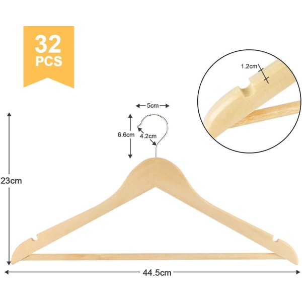 Massiivipuusta valmistetut aikuisille tarkoitetut henkarit, 32 kappaleen pakkaus puinen vaatehenkari housutangolla ja olkapään lovilla, luonnolliset pukuhenkarit 360° pyörivä koukku Vaateripustimet
