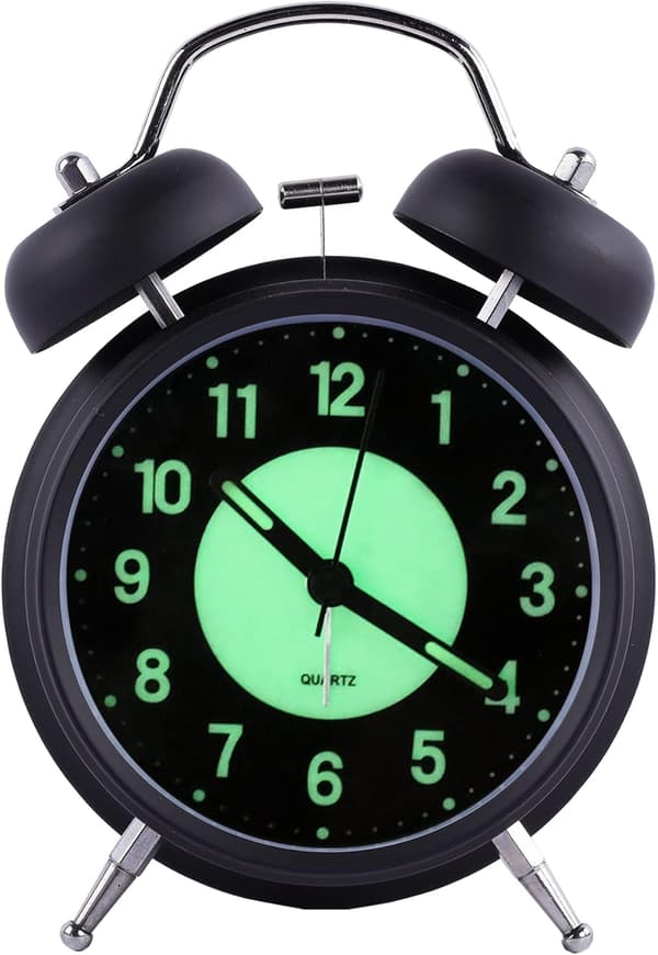 4 Tums Luminous Väckarklocka, Retro Analog Dubbla Klockor Kvarts Gratis