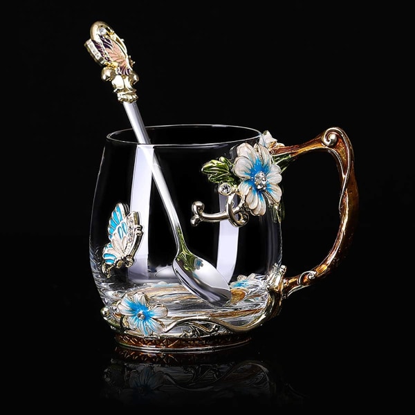 1 st (blå) Handgjord emaljerad fjäril blomma glas kaffekoppar te