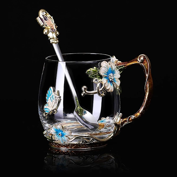 1 stk (blå) Håndlavet Emalleret Sommerfugl Blomst Glas Kaffe Kande Te
