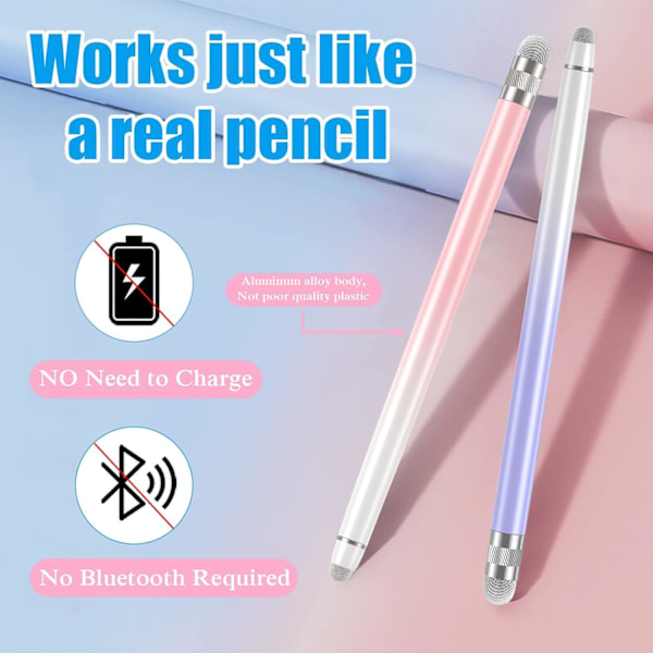 2 stk. Stylus Penner for Berøringsskjermer, Stylus Penn for iPhone/iPad/Nettbrett Android/Microsoft Surface (Hvit Rosa/Hvit Lilla)