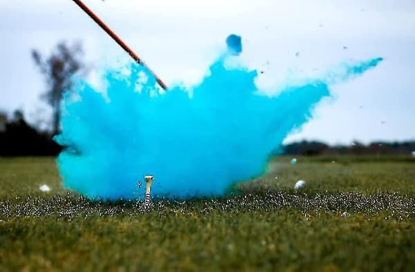 Könsavslöjande golfboll (1 rosa boll och 1 blå boll, 2 golftee) för könsavslöjande babyshower rökbomb exploderande kön