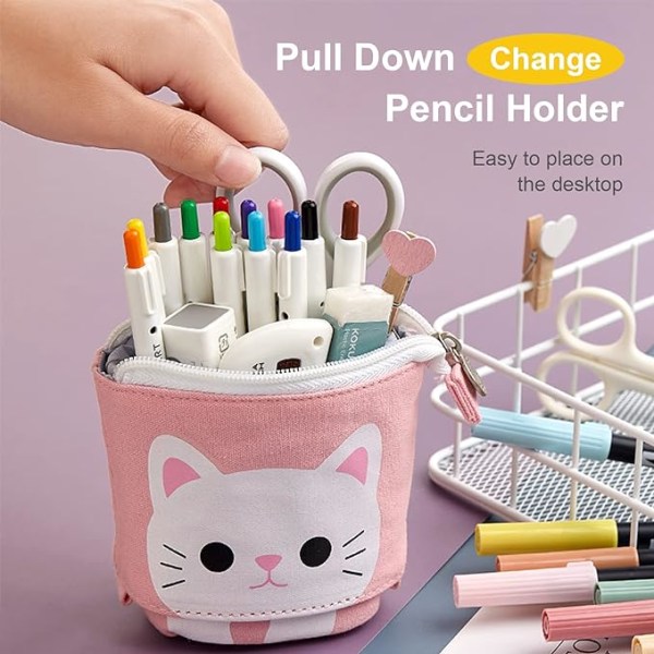 Grå holdbart lerret uttrekkbart blyantveske med søt katt