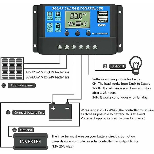 20A Solcellelader Controller Smart Solpanel Regulator med USB Port Display 12V/24V,