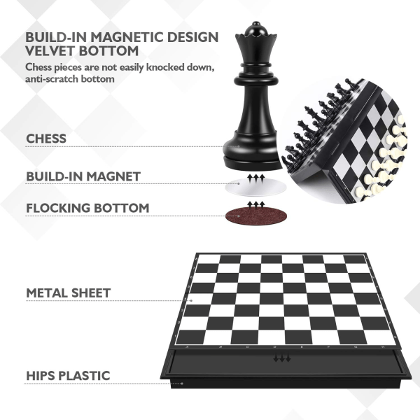 1 stykke magnetisk sjakk brett i resin, brettbar, bærbar, pedagogisk