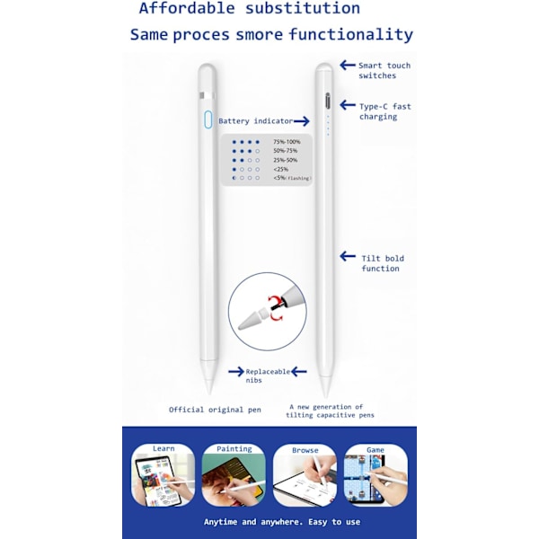 Stylus Pen til iOS/Android/Windows Stylus Pen med Dual Touch Screen Stylus Blyant (Hvid)