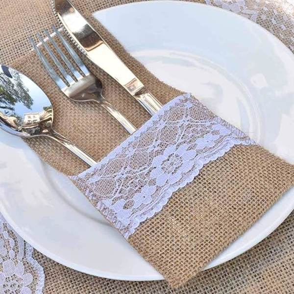 60 festlige bestikkposer til bryllup, lin-blonder bestikkholder -