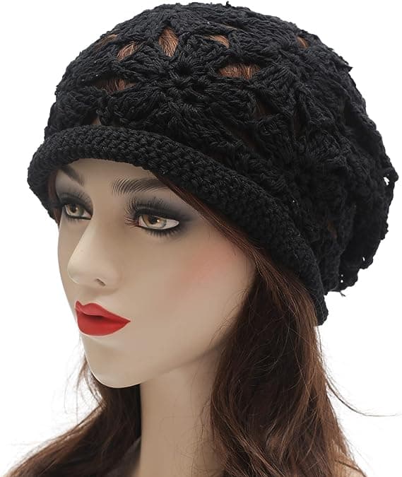 （Sort）Forårs- og Efterårs Beanies til Kvinder Håndlavet Hæklet Slouchy Beanie