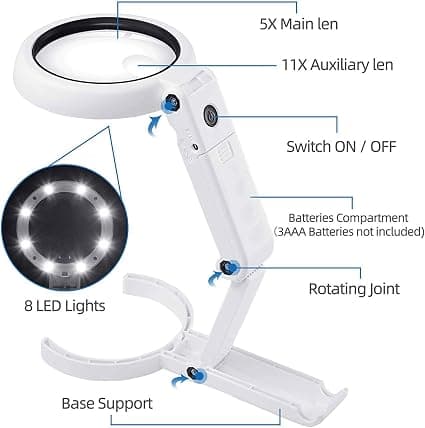 Förstoringsglas (Vit) med 8 LED-lampor, 5X 11X Vikbart