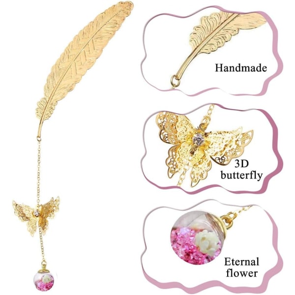 Bokmerke, Gold Metal Feather Bookmarks med 3D Butterfly og Eter