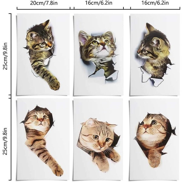 6 st 3D Kattväggdekaler, 3D Kattdekaler, 3D Kattväggdekal,