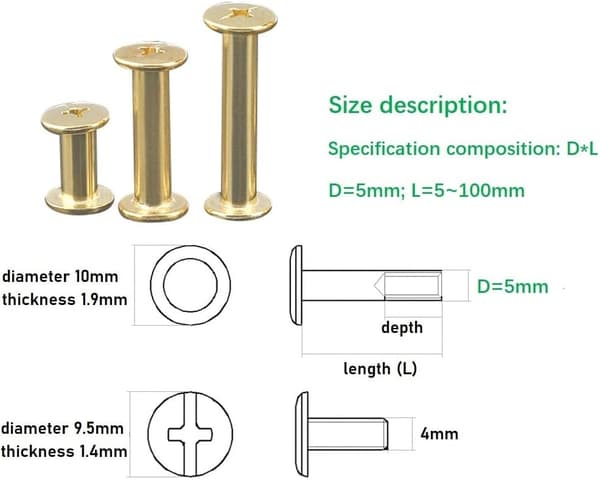Kiinnitysruuvit Messinkipinnoitetut Litteät Pääniitit M5x25mm (20 kpl)