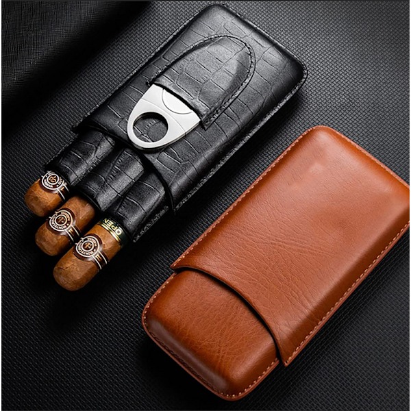 Læder Cigar Etui Rejse Humidor til 3 Cigarer med Cigar Cutter