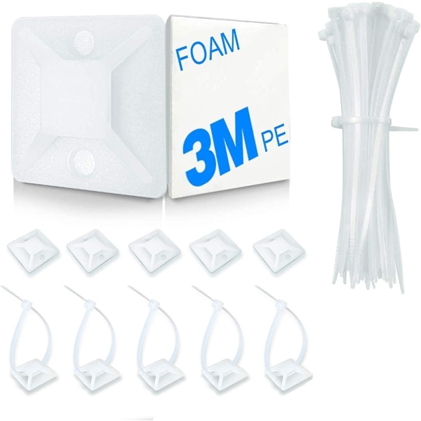 100 Pack Zip Tie Mount With Cable Ties,Self Adhesive-backed Mounts For Wire Holder, White Cable Management Clips Wall Anchors