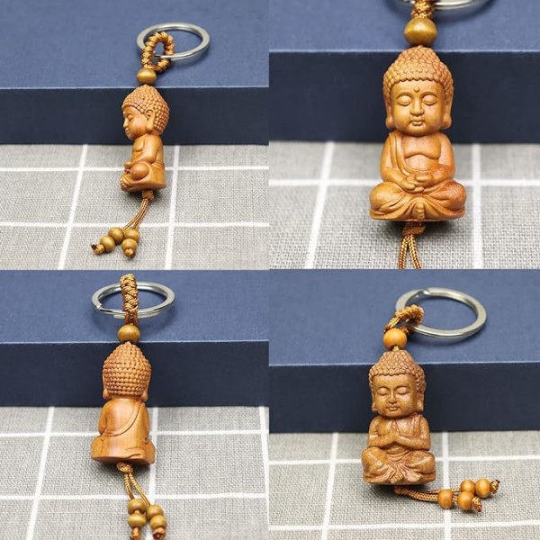 2-pack Trä Buddha Nyckelring Buddism Nyckelring Mini Lycka