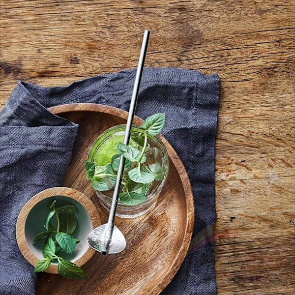 8 stk. gjenbrukbare rustfrie stål sugerør, hjerteformede cocktail-skjeer