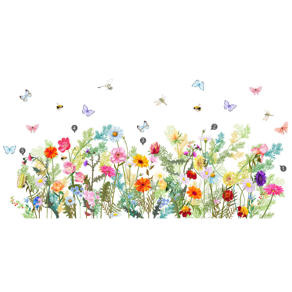 Väggklistermärken för växt, blomma, fjäril, trädgård, blomvägg