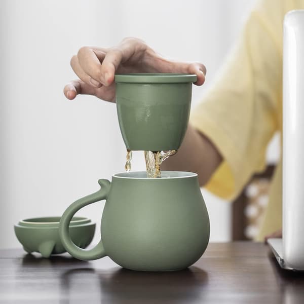 1 stycke (Grön) Keramisk Tekopp med Infuser och Lock (301-400ml),