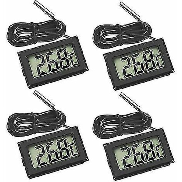 Mini digitalt LCD-termometer med temperaturføler til køleskab, fryser og akvarium - (4x sort)