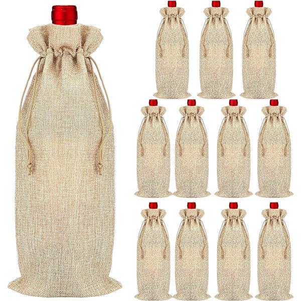 12 kpl Juuttipussit Viinipulloille Vetoketjulla - 16 x 36CM, Uusiokäyttöinen W