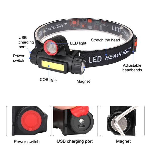 1 stk LED COB sterk lys oppladbar hodelykt flomlys