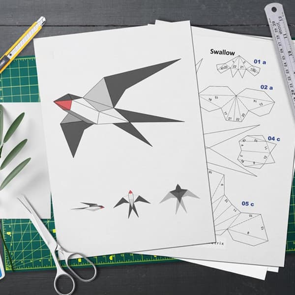 3-delad geometrisk papperskonstpapperskulptur Svala 3D
