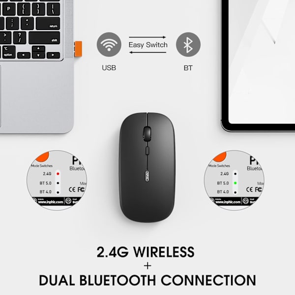 Sort Bluetooth Mus, Lydløs og Genopladelig Triple Mode
