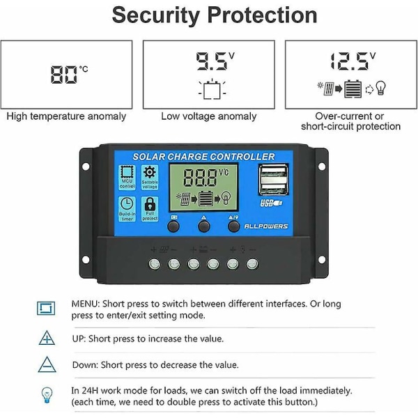 20A Solcellelader Controller Smart Solpanel Regulator med USB Port Display 12V/24V,