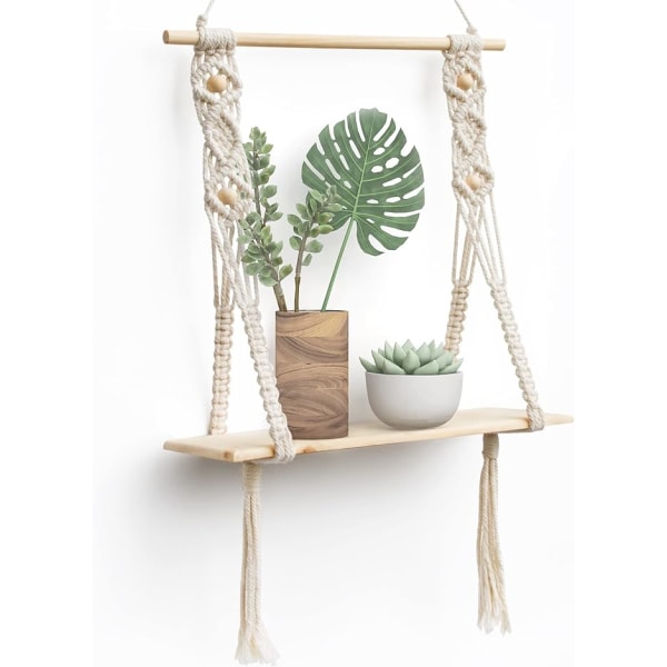 1 væg hylde træ macramé boheme dekorative planter enkel