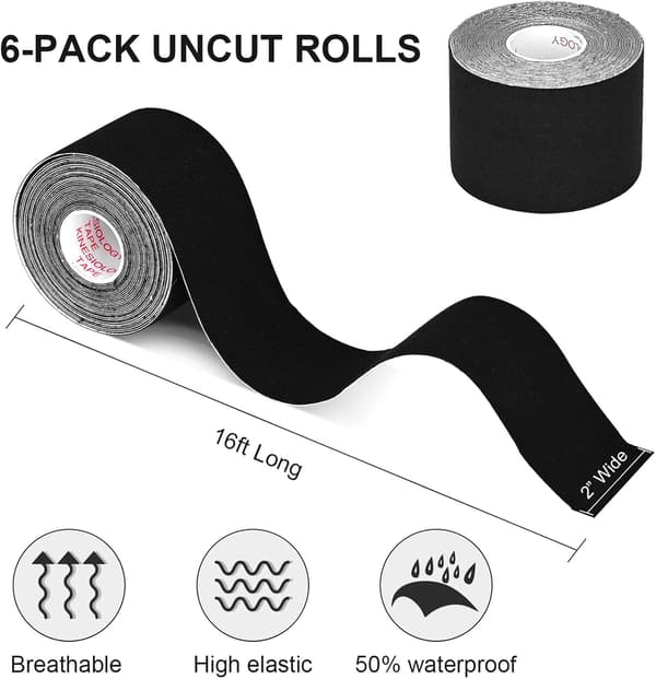 Elastisk terapeutisk sportstape - 6 ruller, 5 cm x 5 meter per rull (Svart)